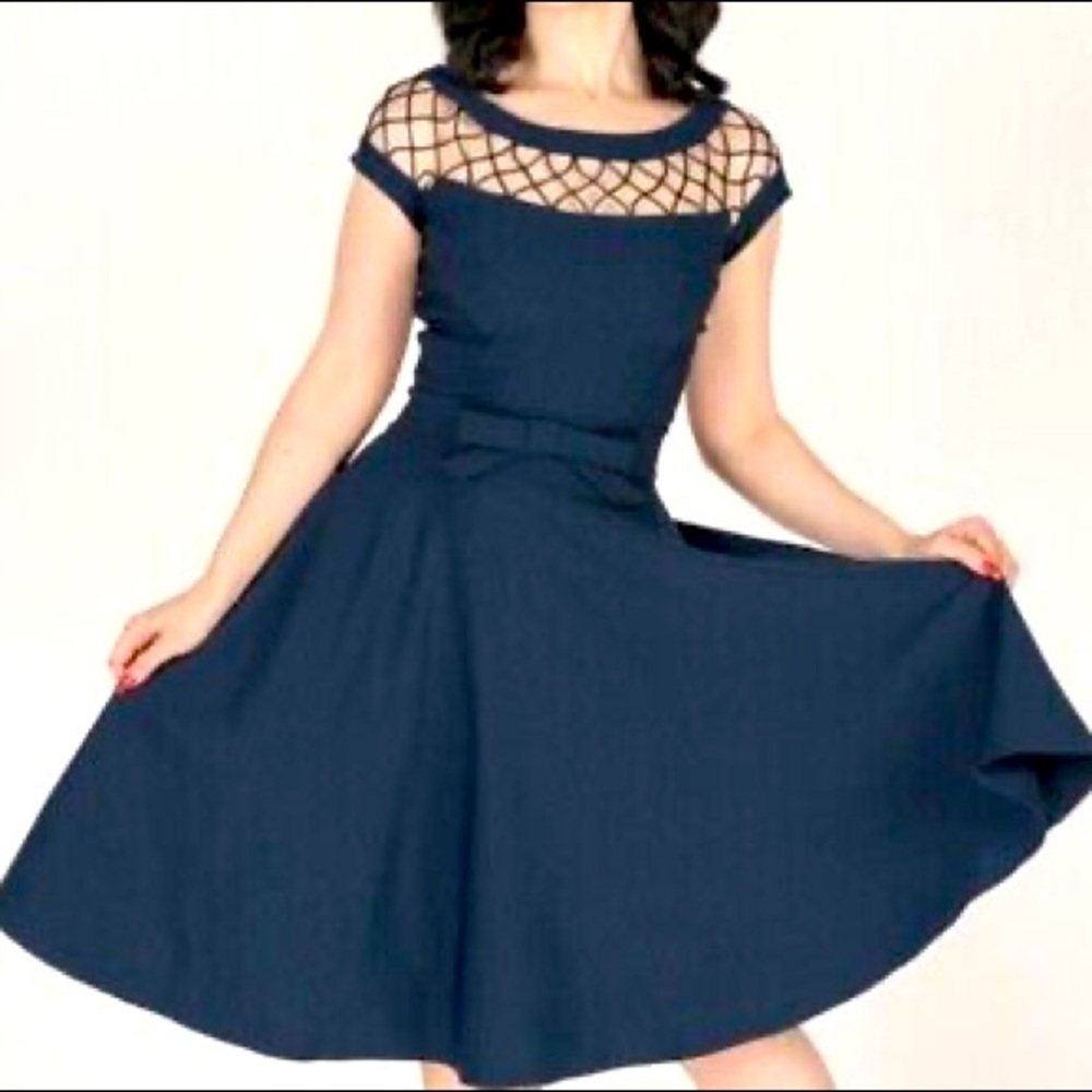 Tatyana Navy Circle Pinup Dress with Lattice/Mesh Top